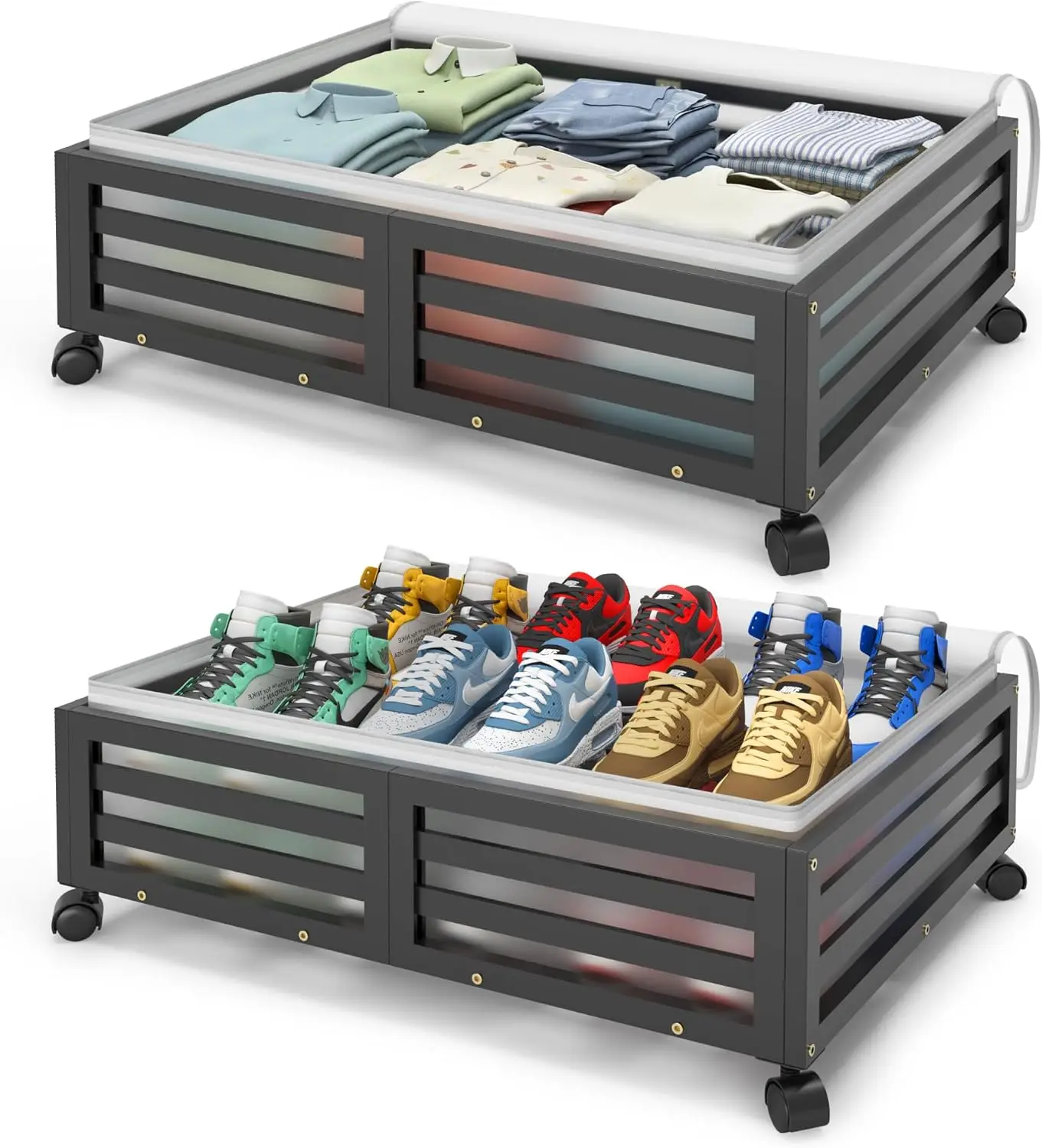 

Under Bed Storage With Wheels-Large Bamboo Underbed Storage Containers With Large Dust Bag Stackable Under The Bed Shoe Storage