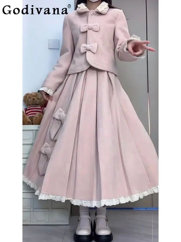 

French Sweet Style Rich Look Woolen Bow Collar Coat Pleated Long Skirt Winter Fashion Versatile Two-Piece Set for Women