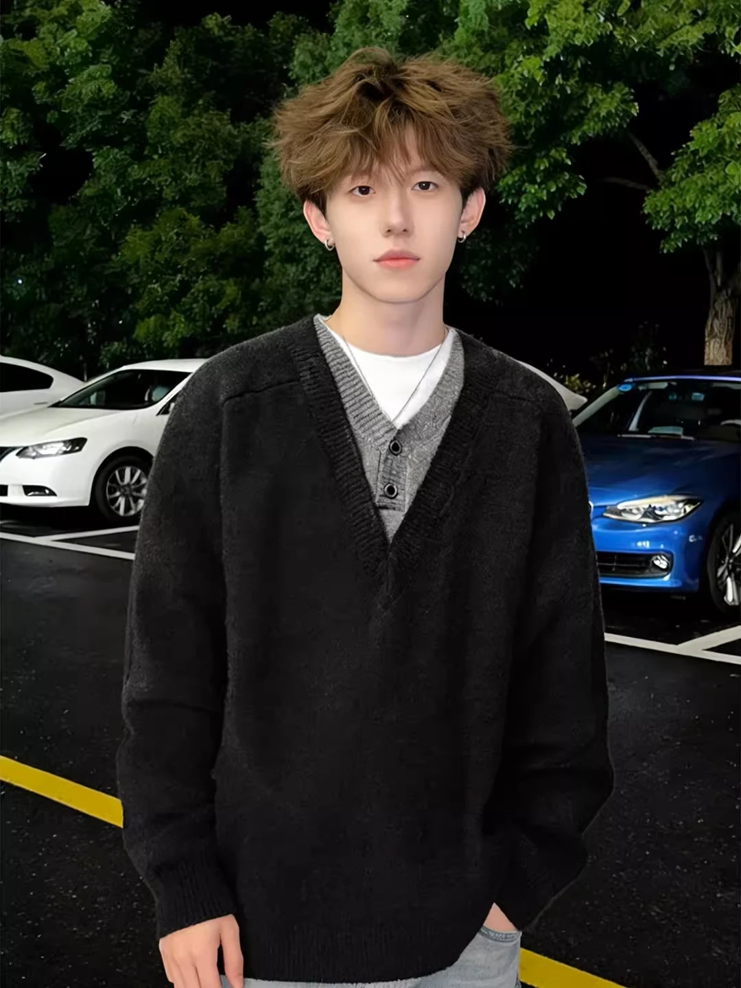 

Мужской трикотажный свитер Deep ey V-Ne на осень-зиму, свободный крой, повседневный, имитация двухслойности, комфортный, теплый, из полиэфирного волокна