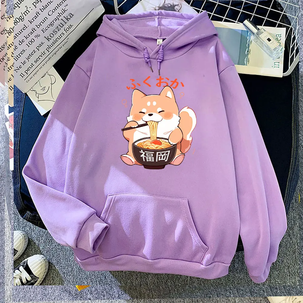 Kawaii Shiba Inu Eat Noodles Cartoon Hoodie Woman Anime Dog Sweatshirt Japan Harajuku Otaku Man Autumn and Winter Warm Hoody