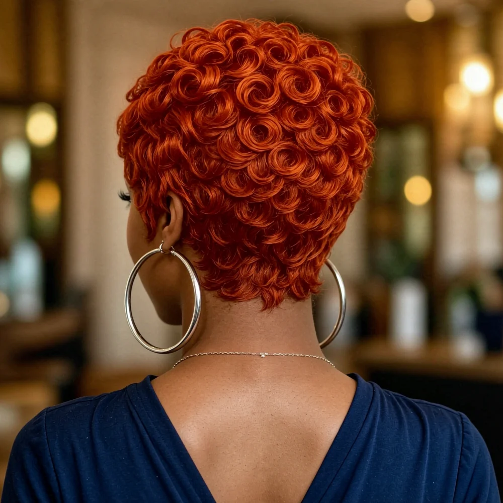 オレンジ色の短いウェーブヘアのウィッグ。前髪付き。フルマシンメイドで、柔らかく弾力のあるウェーブヘア。サイズ調整可能なキャップ付きで、普段使いに最適なヘアスタイル。