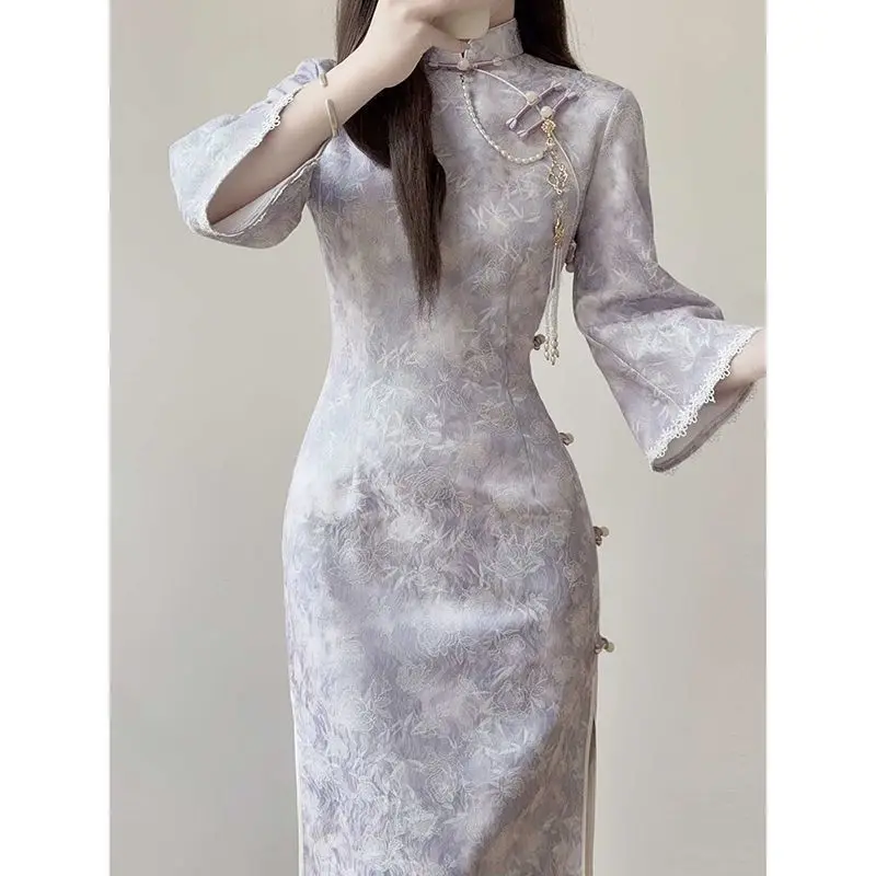 

Purple Flower Printing Elegant Cheongsam Improved Chinese Style Long Sleeve Qipao for Women Young Daily Life Long Dresses
