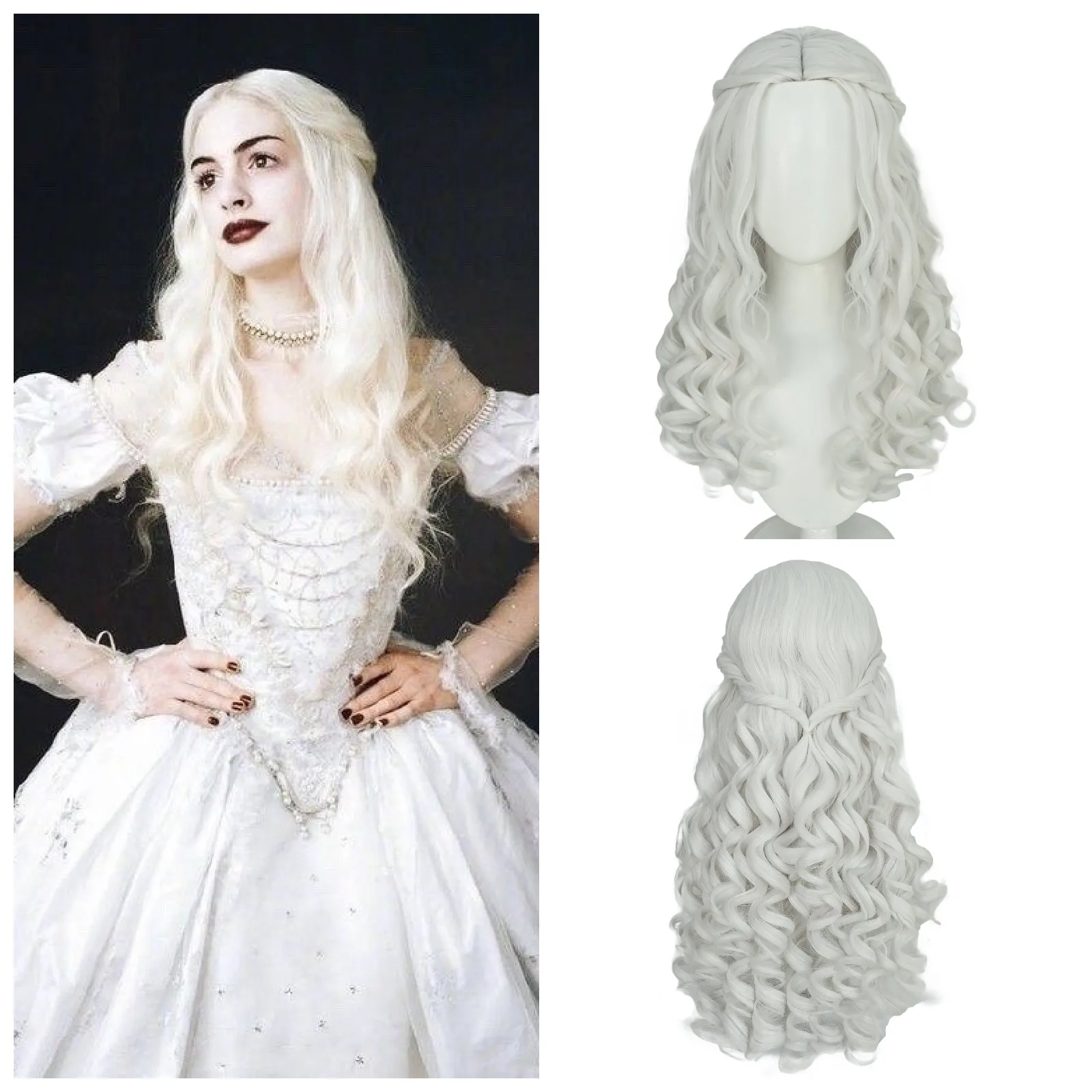 Anogol Synthetic White Queen Cosplay Wig Movie Alice in Wonderland White Wavy Long Braid Hair Machine Made for Halloween Party