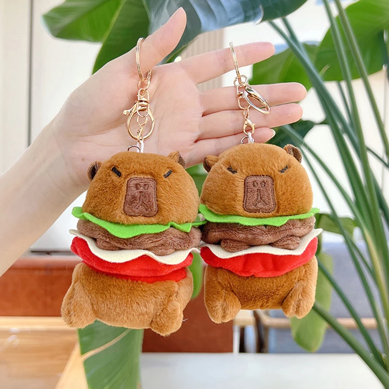 Cartoon Hamburg Capybara Plush Toy Doll Keychain Cute Kawaii Animals Keyring Pendant Backpack Decoration Accessories Gifts