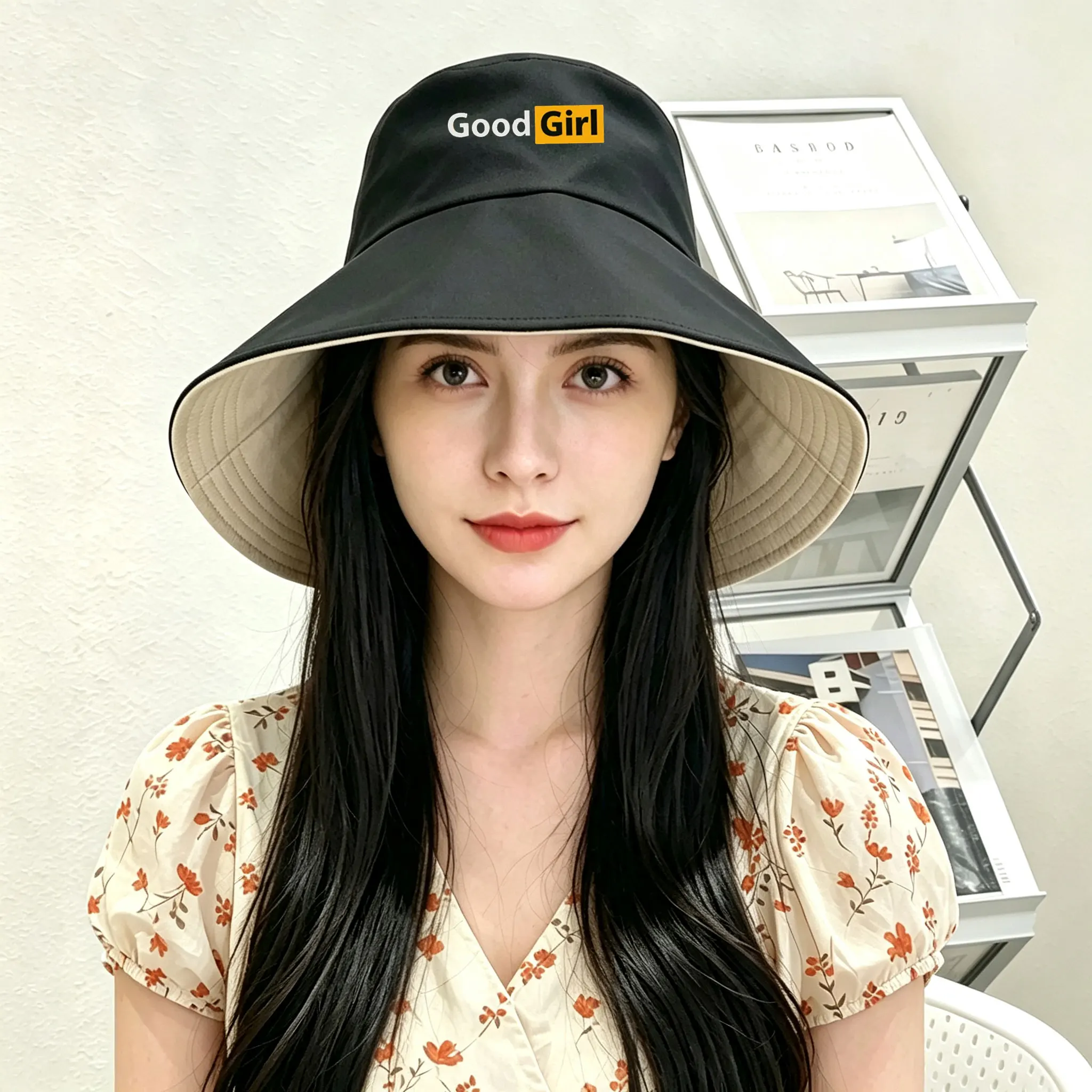 Good Girl Printed Four Seasons Unisex Large Brim Fishing Cap UV Protection Double Sided Face Covering Sunscreen Hat