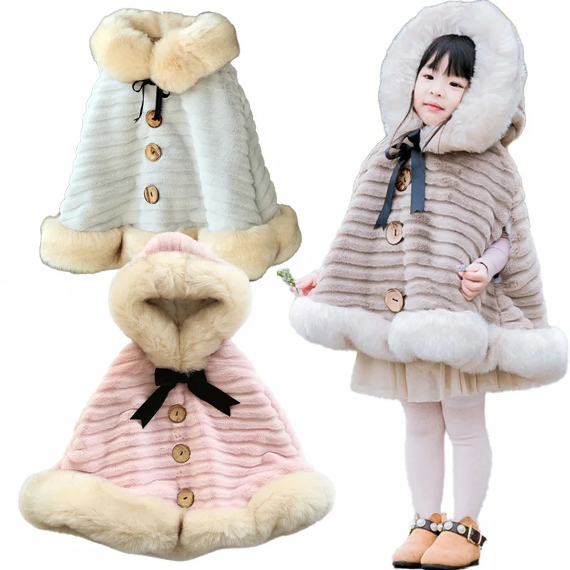 Winter Fashion Baby Girl Fur Coat Long Jacket Hooded Parka Children Faux Rabbit Fur Coats Kids Outfit Toddler Cape Windbreaker