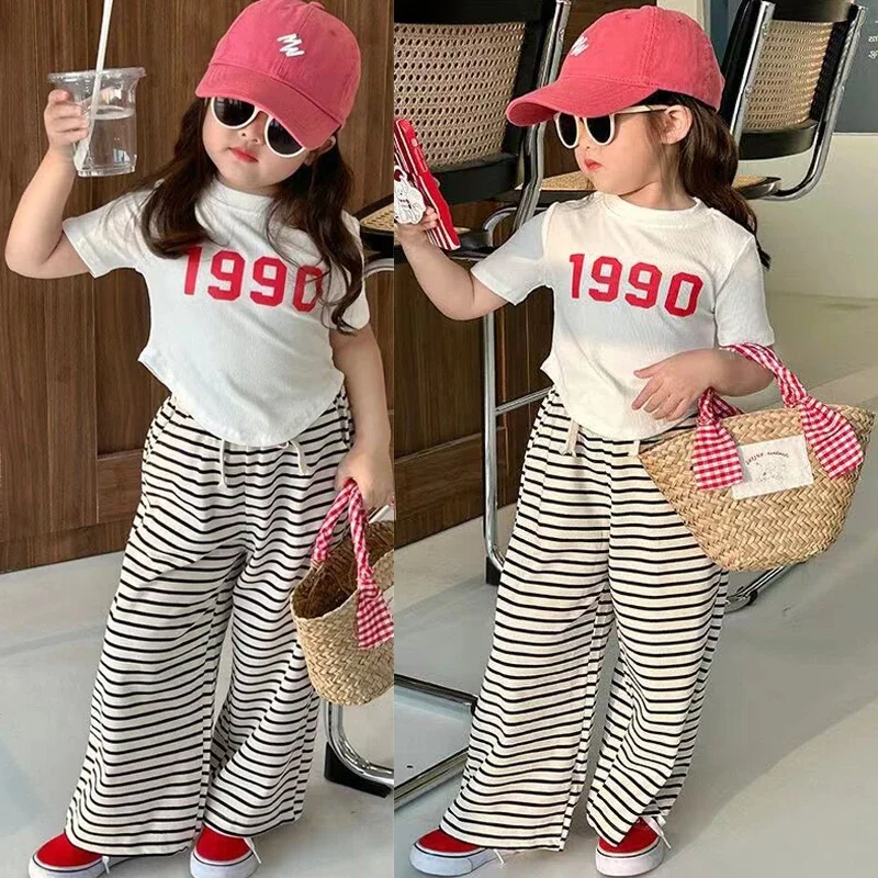 

2-8Y New Girls Short Sleeve Suits Summer Kids T-Shirt Clothing Sets Irregular Tops+Stripes Pants 2Pcs Children Fashion Outfits