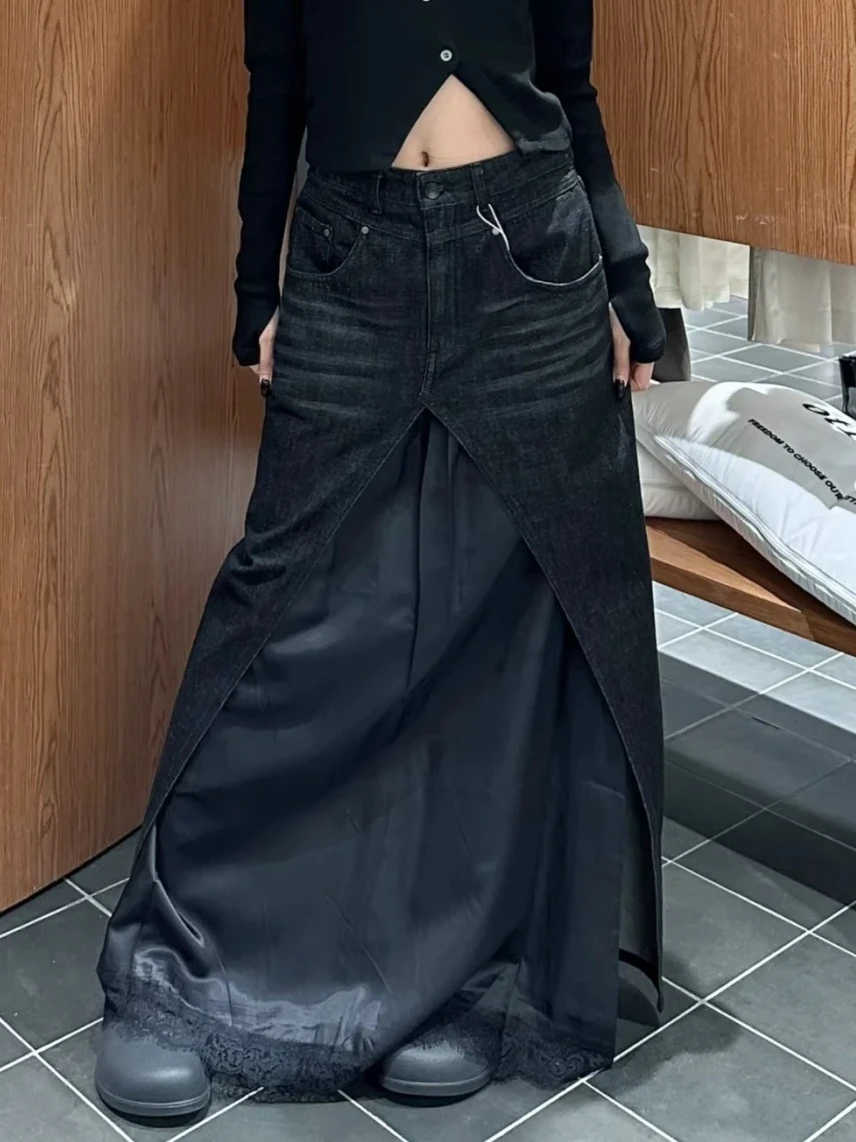 Autumn Winter Women Goblin Core Dark Academia Y2k Denim Maxi Skirt Patchwork Harajuku Japanese Grunge 2000s Cyber Punk E-girl