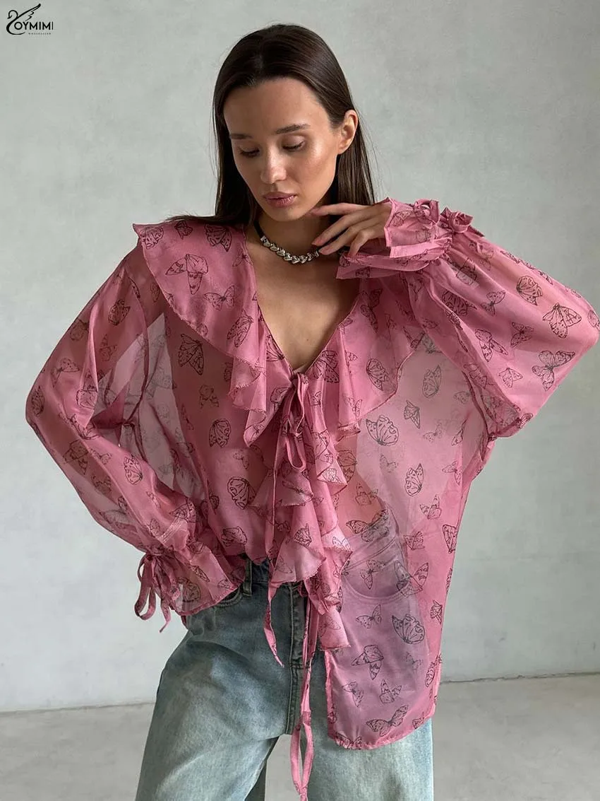 

Oymimi Fashion Deep Pink Print Women's Shirt Elegant V-Neck Ruffled Long Sleeve Blouses Autumn Translucent Lace-Up Shits Female