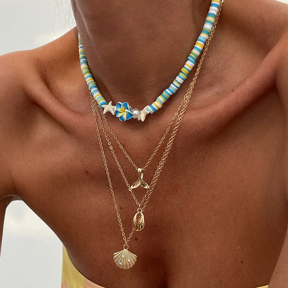 Stylish Shell Pendant Necklace Ocean Inspired Polymer Clay Cream Faux Pearl Layered Choker for Women Holiday Beach Jewelry Charm