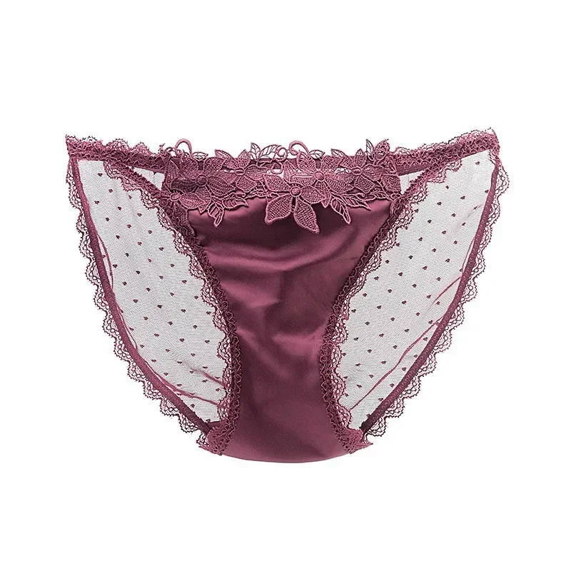 Women Satin Briefs Seamless Panties Smooth Silk-like Underwear Sexy Ladies Flower Underpants Back See Through Mesh Knickers