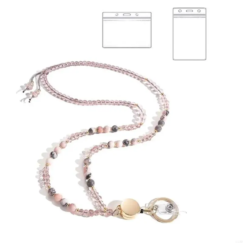 U2JE Retractable Lanyard Natural Stone Lanyard Untuk Kunci Dan Lencana Dapat Ditarik Manik -manik Batu Alam Lanyard Untuk