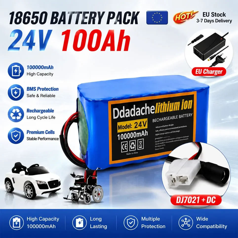 Magazzino in Polonia: pacco batterie al litio ricaricabile 7S3P 24V 100Ah 18650, con caricabatterie da 29,4V 2A, per e-bike, ciclomotori elettrici e scooter, batteria di ricambio.