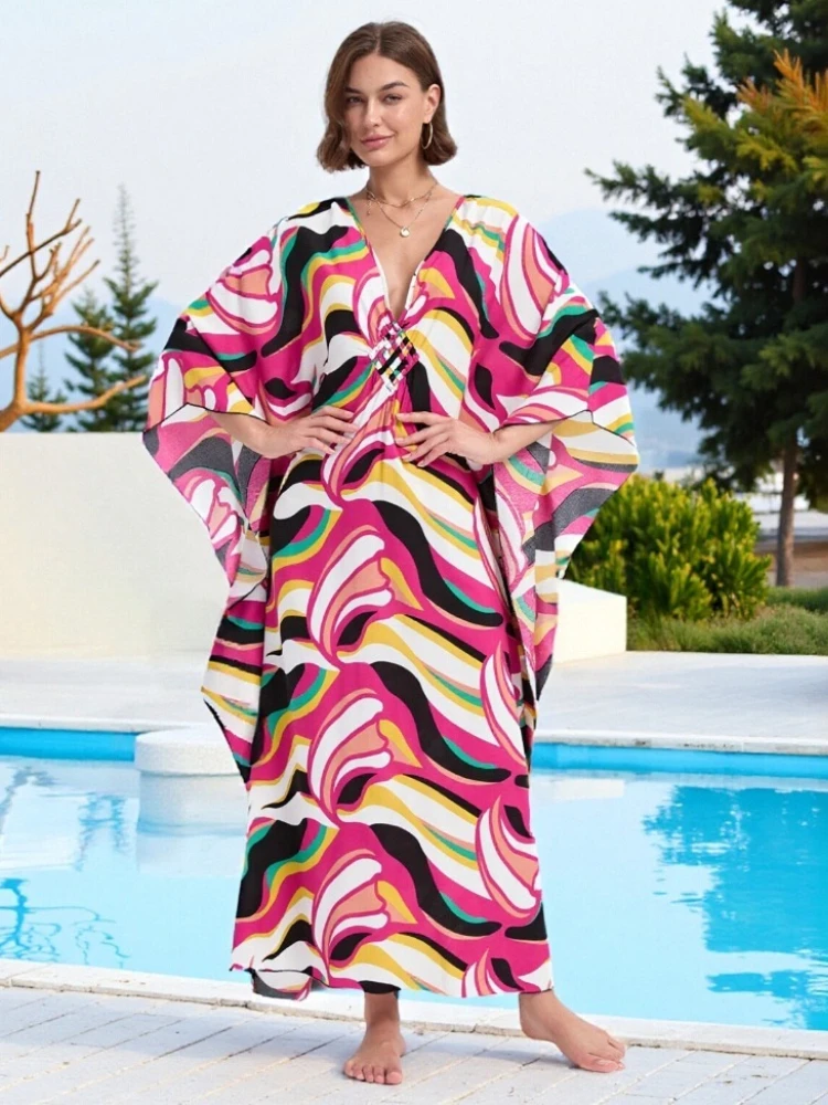Beach Coverups Hand Woven Colorful Stripe Kaftans for Women Batwing Dress Summer Holiday Bathing Suits 2026 New Factory Supply