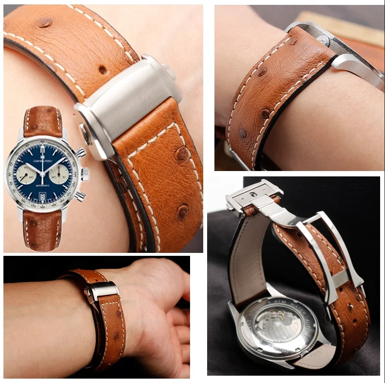 

Ремешок для часов из страусиной кожи 20 мм 22 мм для Hamilton Jazz Khaki Aviation Series H32755851, ремешок для часов с раскладывающейся застежкой, сменный браслет