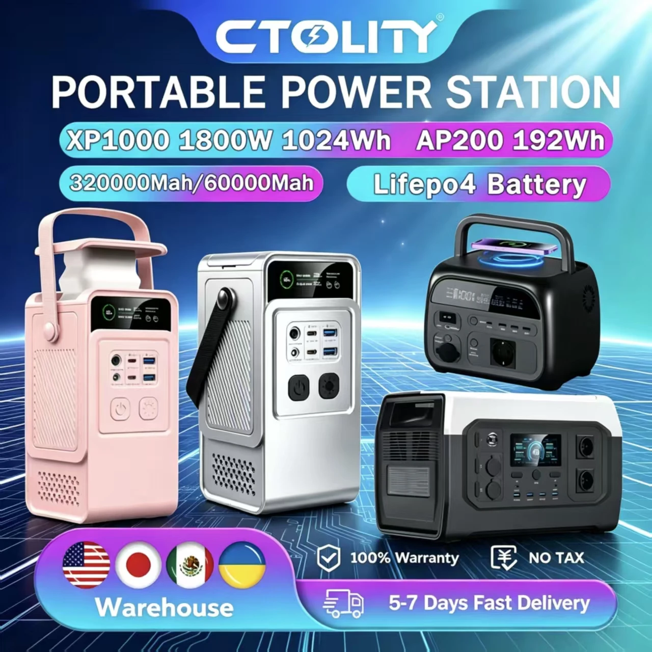 CTOLITY 200W 1800W Portable Power Station 192Wh 1024Wh Lifepo4 Battery for Camping Power Bank Emergency Power USB TYPE-C Home