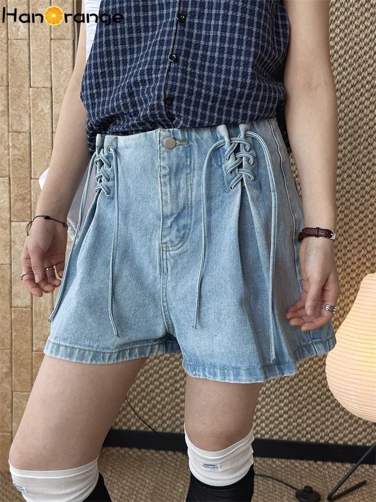 

HanOrange 2026 Summer Retro Sweet Cool Style High Waist Side Strap A-line Short Jeans Women Blue Denim Shorts