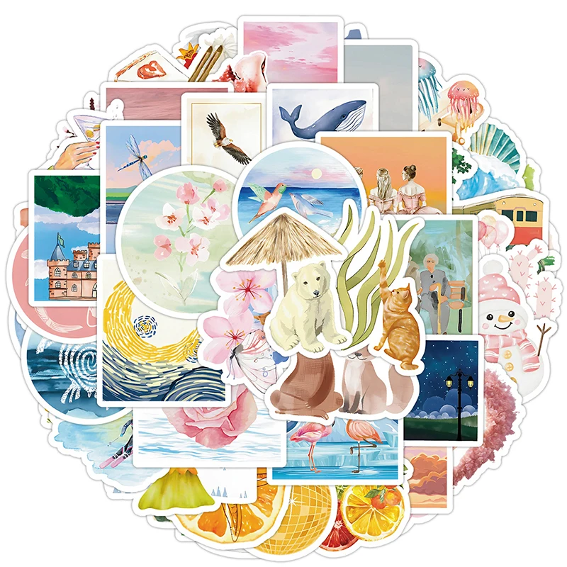 50PCS Watercolor Aesthetics Stickers Summer Cute Animal Fruit Vinyl Waterproof Decal for Water Bottles Laptop Skateboard Luggage