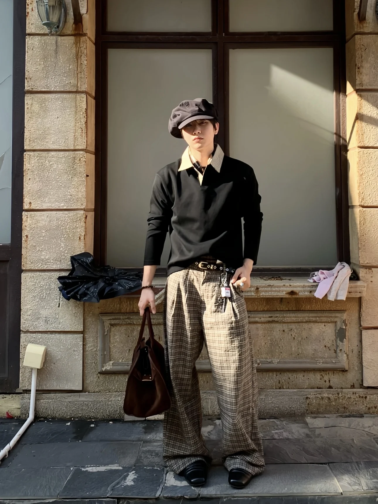 

Ретро клетчатая ткань с пузырьками, повседневные брюки, мужские плиссированные брюки, универсальные свободные широкие брюки, молодежные брюки из полиэфирного волокна