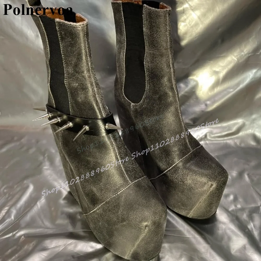 

Gray Platform Splicing Rivet Strip Ankle Boots Wedges High Heel Shoes For Women Slip On Round Toe Trendy High Quality Lady Shoes
