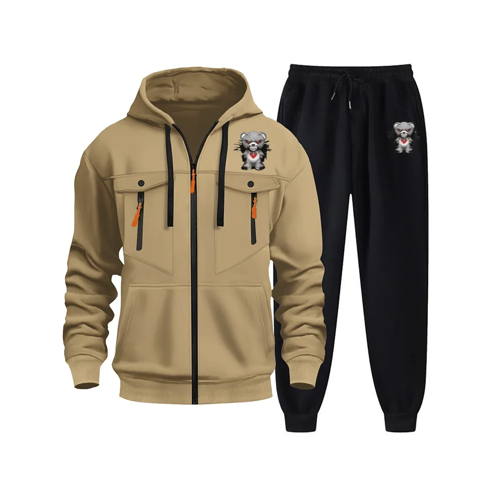 

A new men's multi-pocket zipper sweatshirt and casual sport pants set for the autumn and winter of 2025, a fashionable autumn an