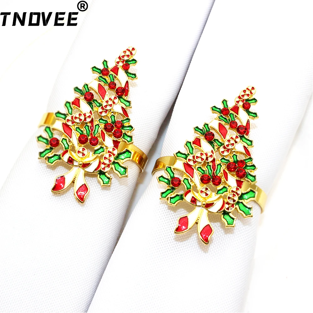 6Pcs Christmas Tree Napkin Rings Rhinestone Tree Napkin Holder for Christmas Wedding Party Family Gathering Dinner Table Decor