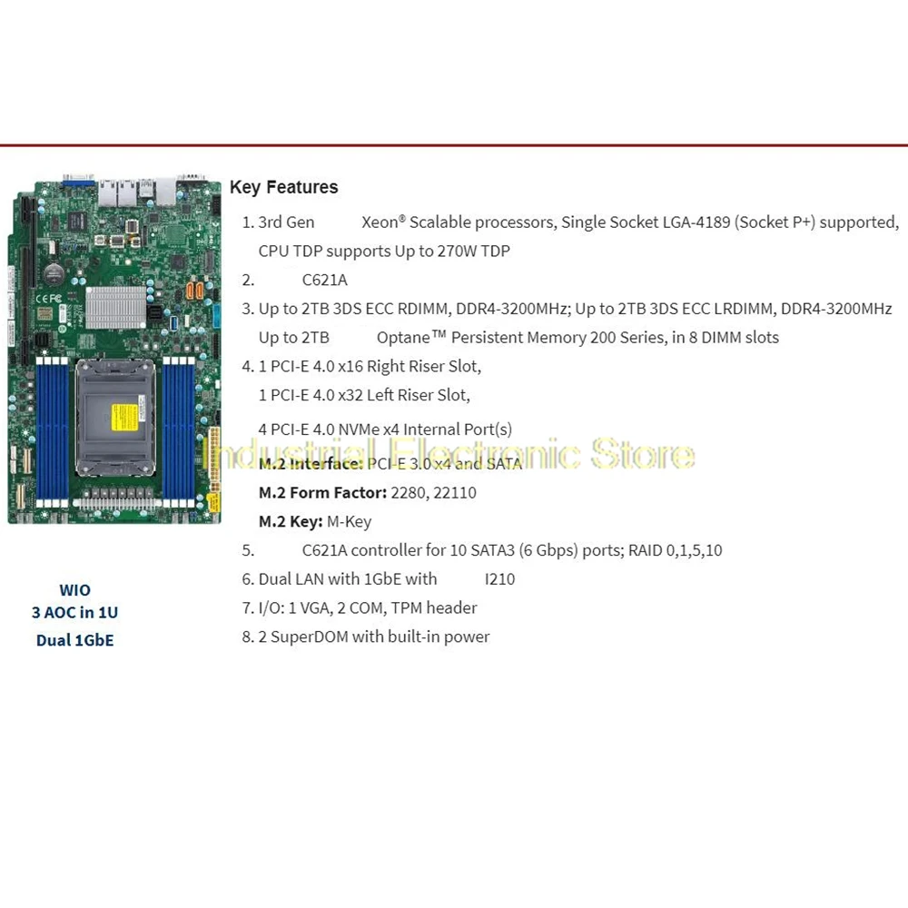 For Supermicro LGA-4189 C621A 2TB 3DS DDR4-3200MHz Proprietary WIO 10XSATA 3 Server Motherboard X12SPW-F 