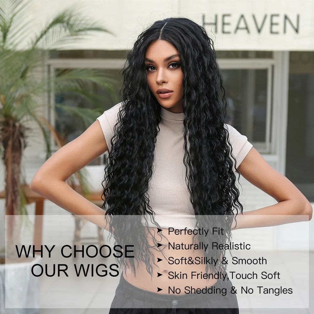 CharmSource Black Synthetic Lace Front Wigs Long Curly Wigs for Woman Natural Hair Party Daily Use Heat Resistant Fiber