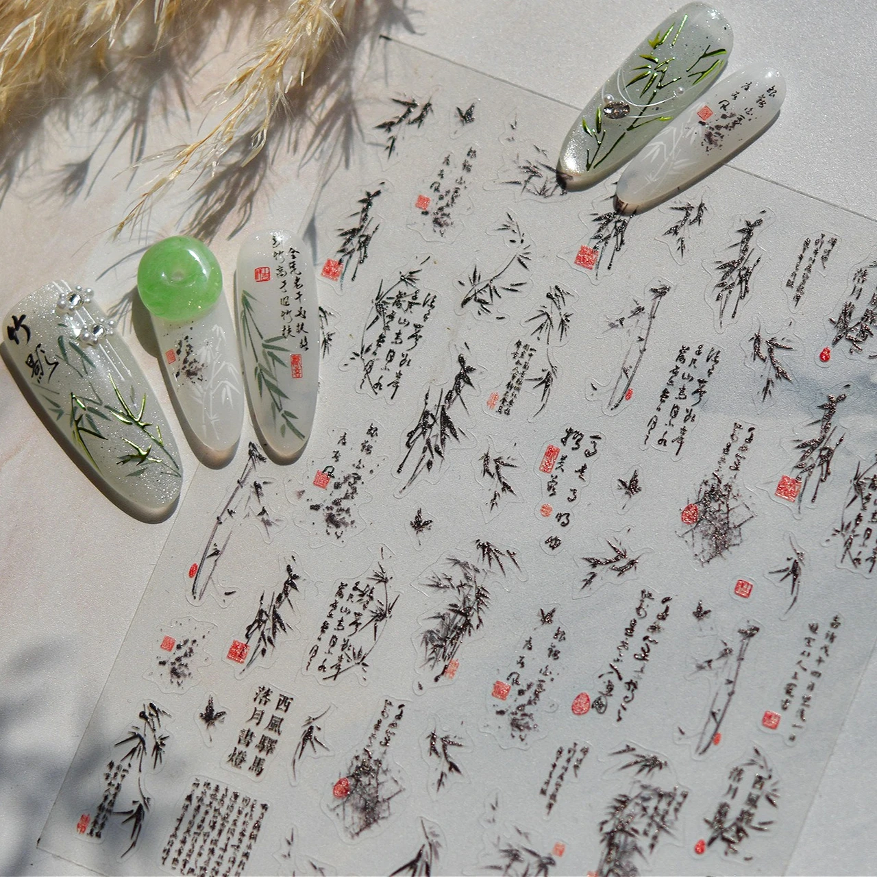 Peinture à l'encre chinoise noire et verte, calligraphie en bambou, fleur de pivoine Frangipanier, fleur de pêcher, Rose Lily, nouveaux autocollants pour Nail Art