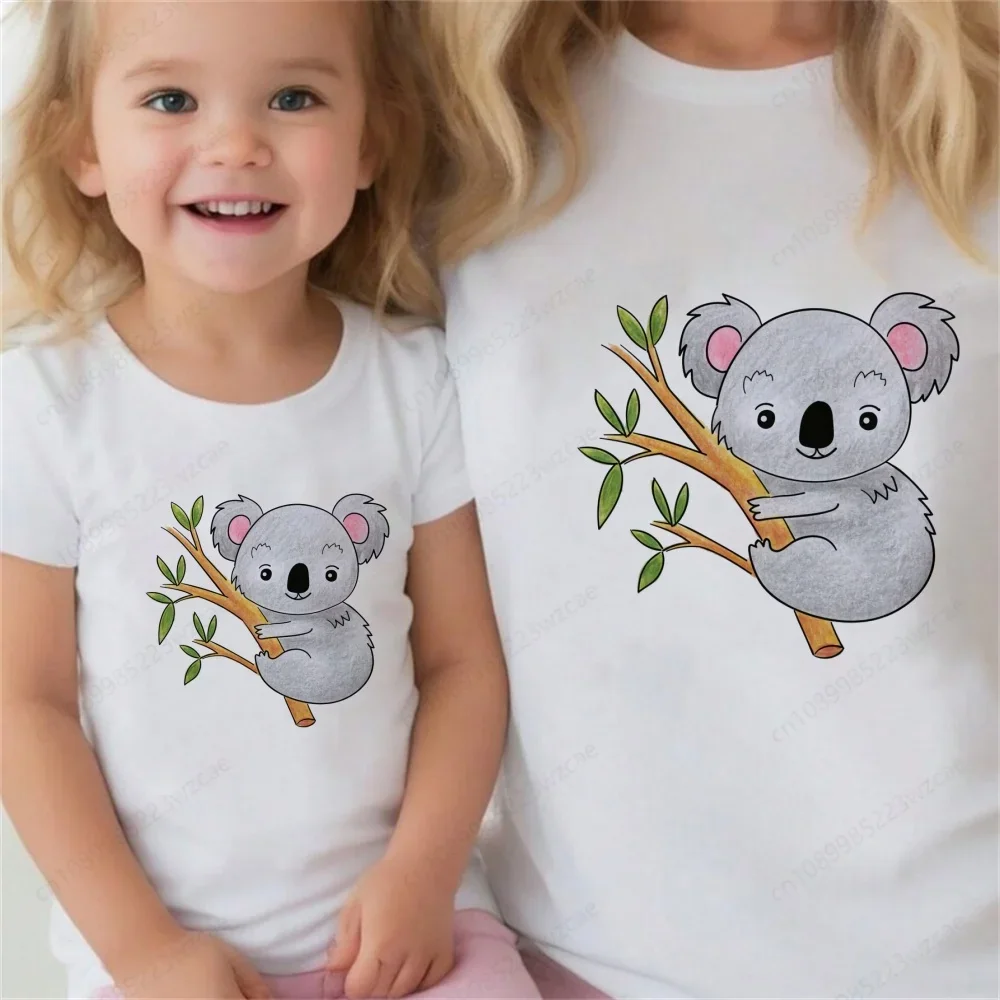 Lazy Sleep Koala Funny Print Boys T Shirt for Family TShirt for Children Summer Kids Clothing T-shirt Cartoon White Tops Tee
