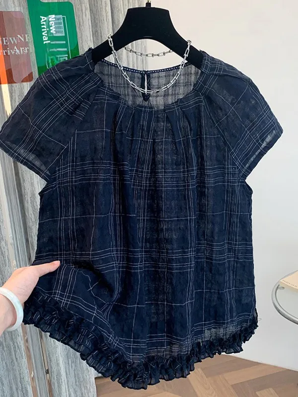 

Unique Super Cute Floral Lace Plaid Short Sleeve Loose Women's Shirt Doll Shirt Korean Style Summer New Arrival