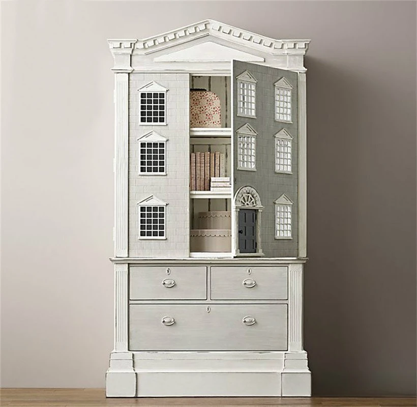 Furniture American retro old solid wood carving flower wardrobe children special-shaped house wardrobe double door locker
