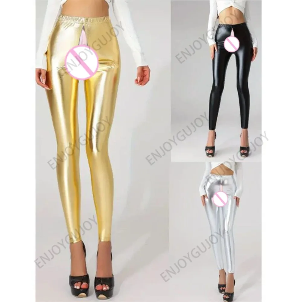 Invisível virilha aberta sexo ao ar livre exótico hotpants leggings femininas couro falso do plutônio sexy yoga zip calças noite clube