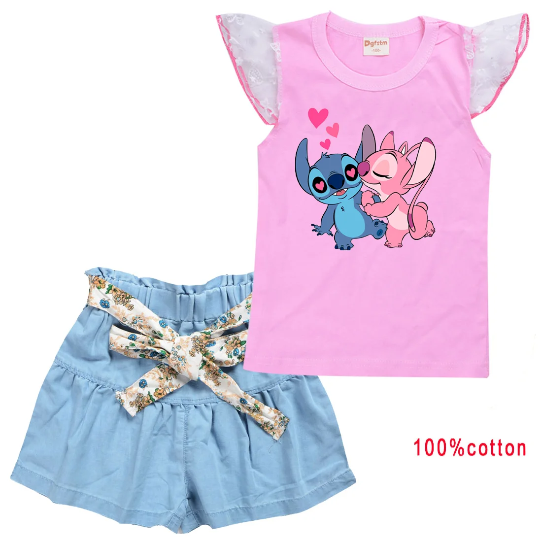 

Disney Lilo Stitch Girls Clothing Outfits Summer T-shirt Shorts 2pc/Sets Clothes Casual Sports Tracksuits