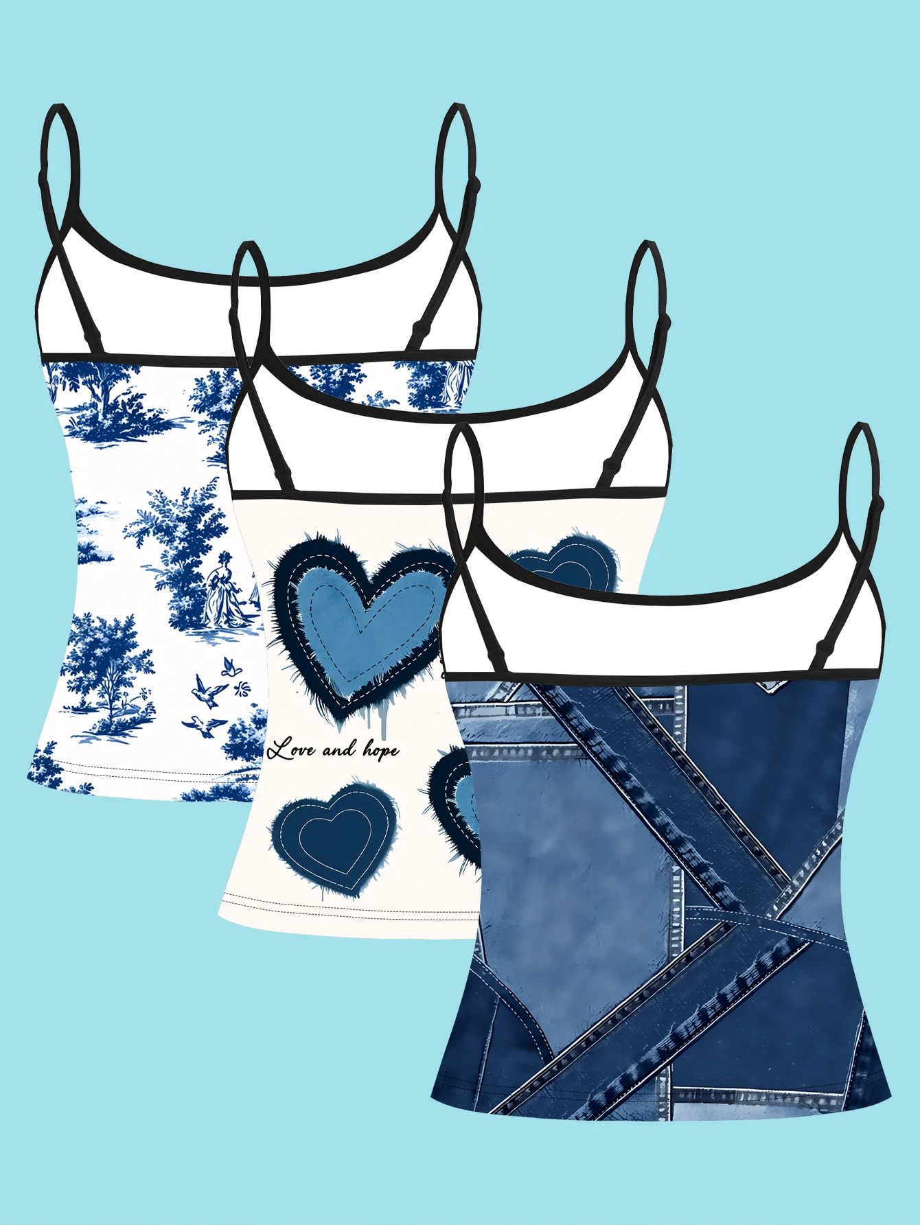 3-Piece Set European-Style Pastoral Scenery Heart-Shaped English Print Camisole for Women, Summer Slim-Fit Spaghetti Strap Casual Inner Wear