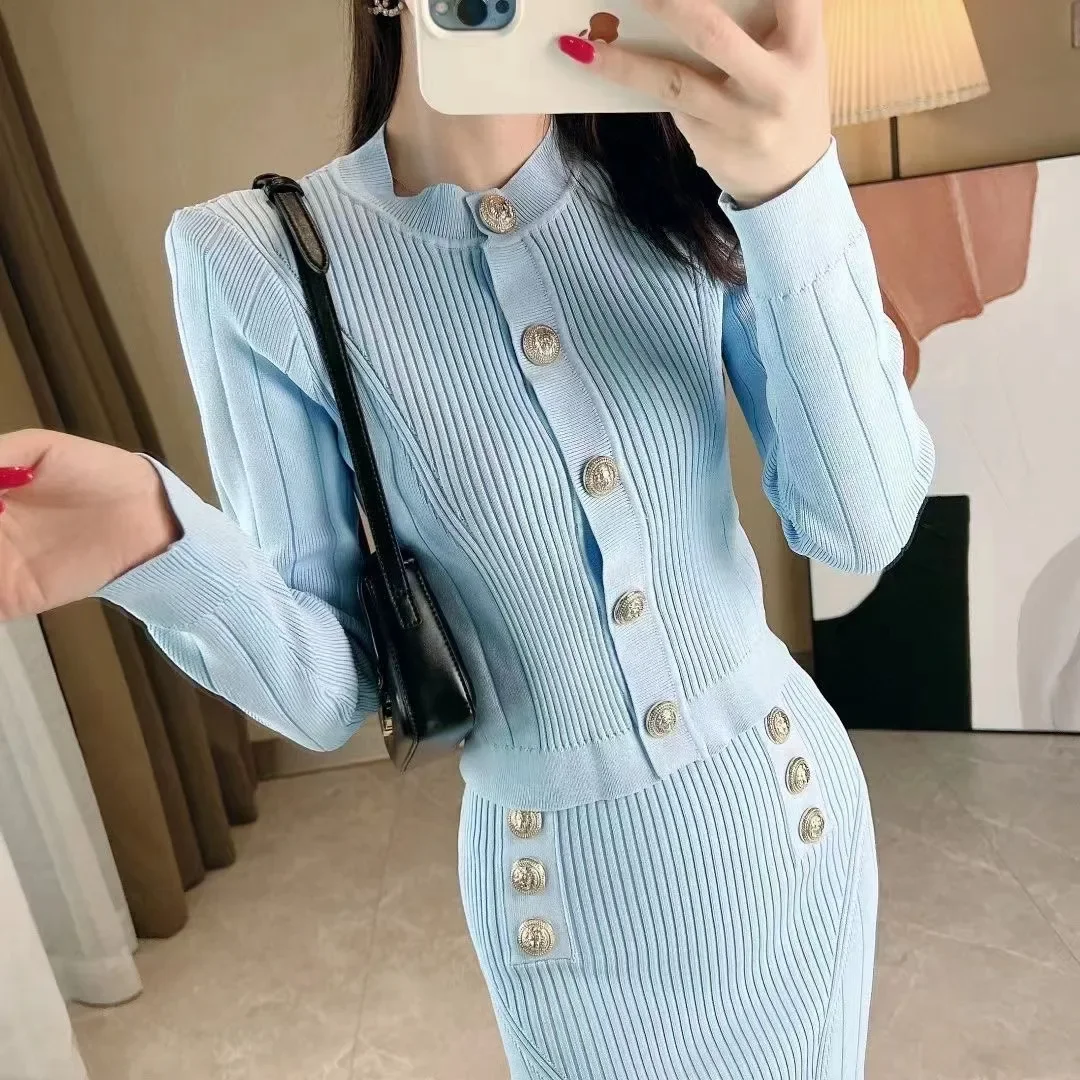 Office Lady 3 Piece Knitted Skirts Set Casual O-neck Long Sleeve Coats Spring 2023 Vintage High Waist Slim Skirt Suit for Women