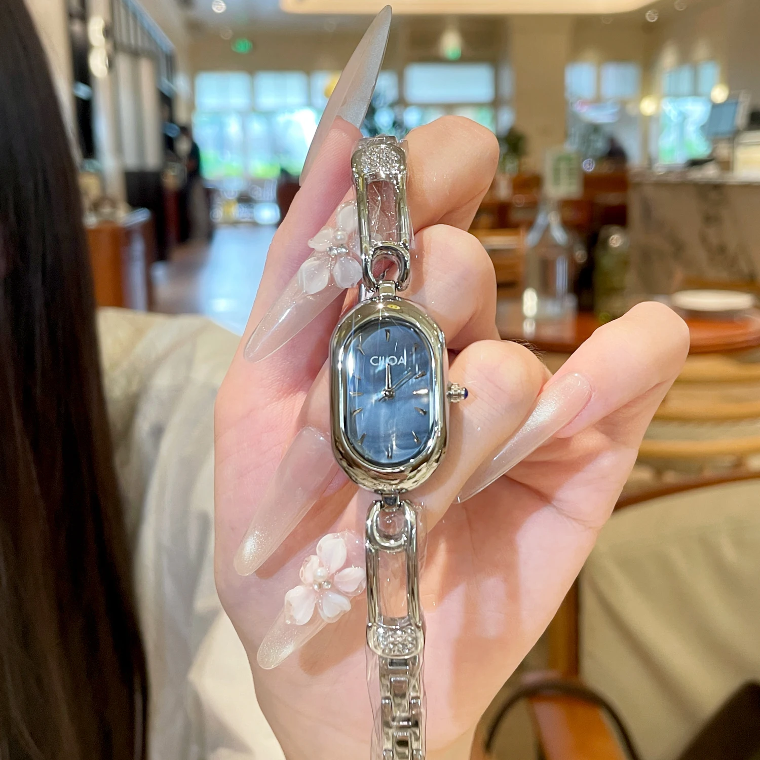 CILOA Womens Small Oval Watch Multi Color Mother of Pearl Dial Crystal Inlay Link Bracelet Gold Silver Minimal Quartz Wristwatch