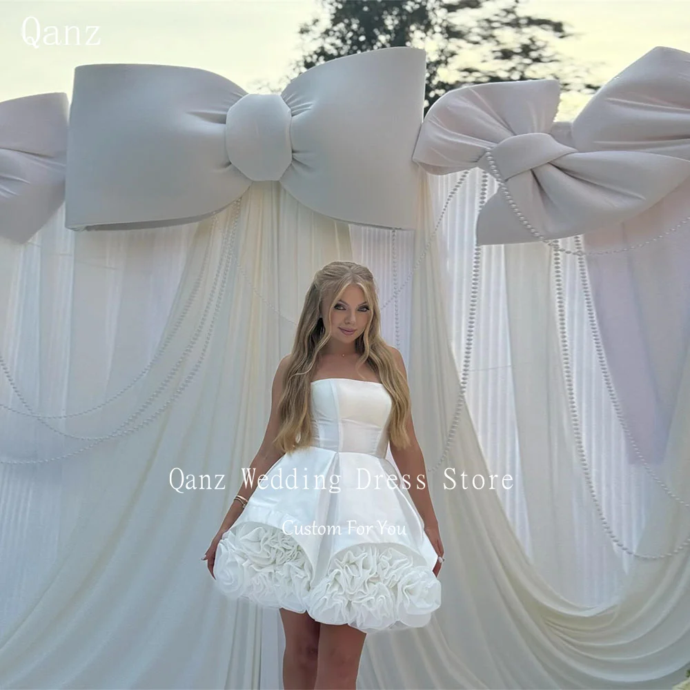Qanz Mini Ball Gown Wedding Dresses For Bride Strapless Handmade Flowers Short Wedding Party Dress Vestido De Novia Customized