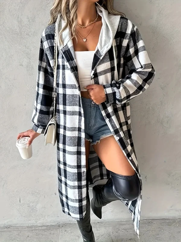 Plus Size 1XL-5XL Women's Spring and Autumn Checkered Hooded Long Coat for Commuter Warmth Ladies Casual Long Sleeve Coat