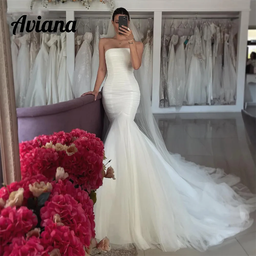 

Aviana Boho Tulle Mermaid Wedding Dresses Strapless Backless Ruched Bridal Gowns Sweep Train свадебное платье Custom Made 2024