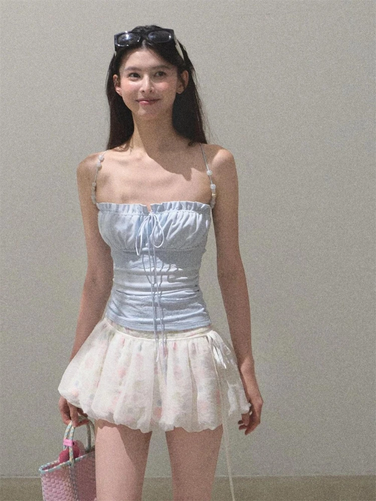 Ensemble 2 pièces pour femmes, Style doux français, hauts Design à bretelles Y2k + jupe décontractée taille haute, mode féminine Chic, tenues d'été 2025