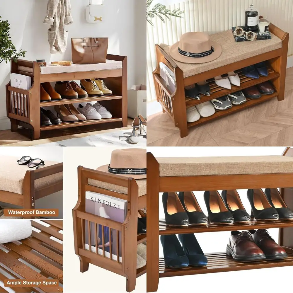 Bamboo 2-Tier Shoe Storage Bench Organizer for Entryway, Hallway, and Living Room