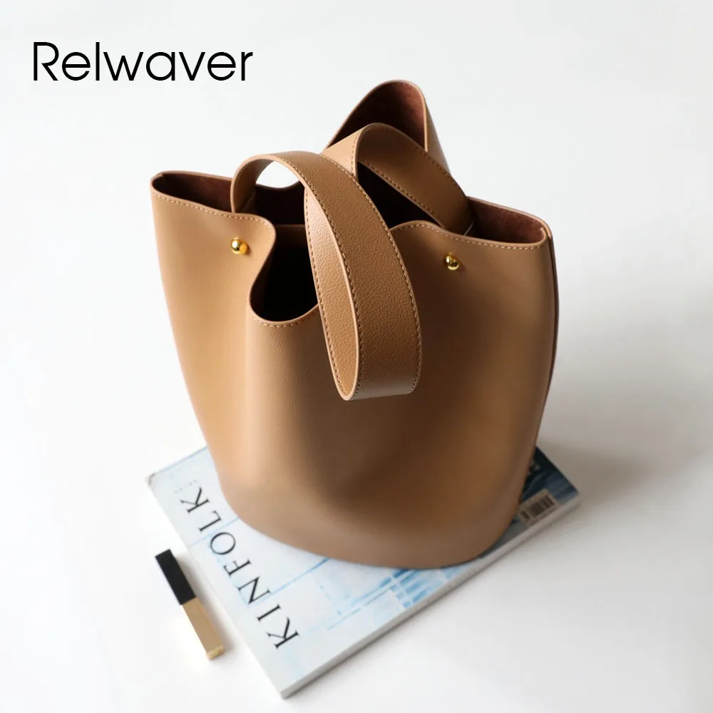 

Relwaver cowhide split leather shoulder bag 2024 autumn winter fashion bucket brief commuting ladies handbag chic big women bag