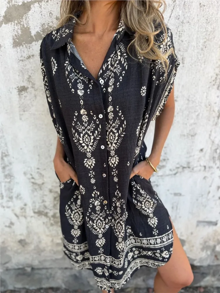 Fashion Print Boho Dress Women Casual Loose Short Sleeve Dresses Robe Femme Holiday Beach Skirt Dress Womens Clothing Summer New