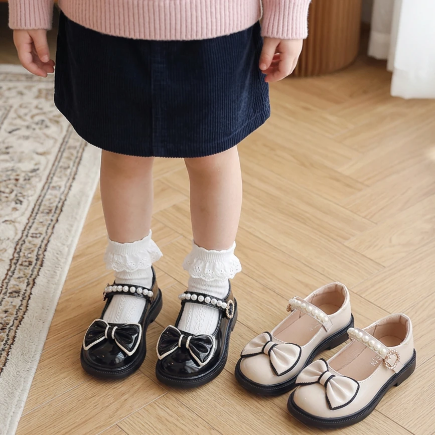 Toddler Girls Beaded Strap Leather Shoes 2026 New Autumn Kids Bowknot Mary Jane Flats Non-slip Classic Princess Party Wedding