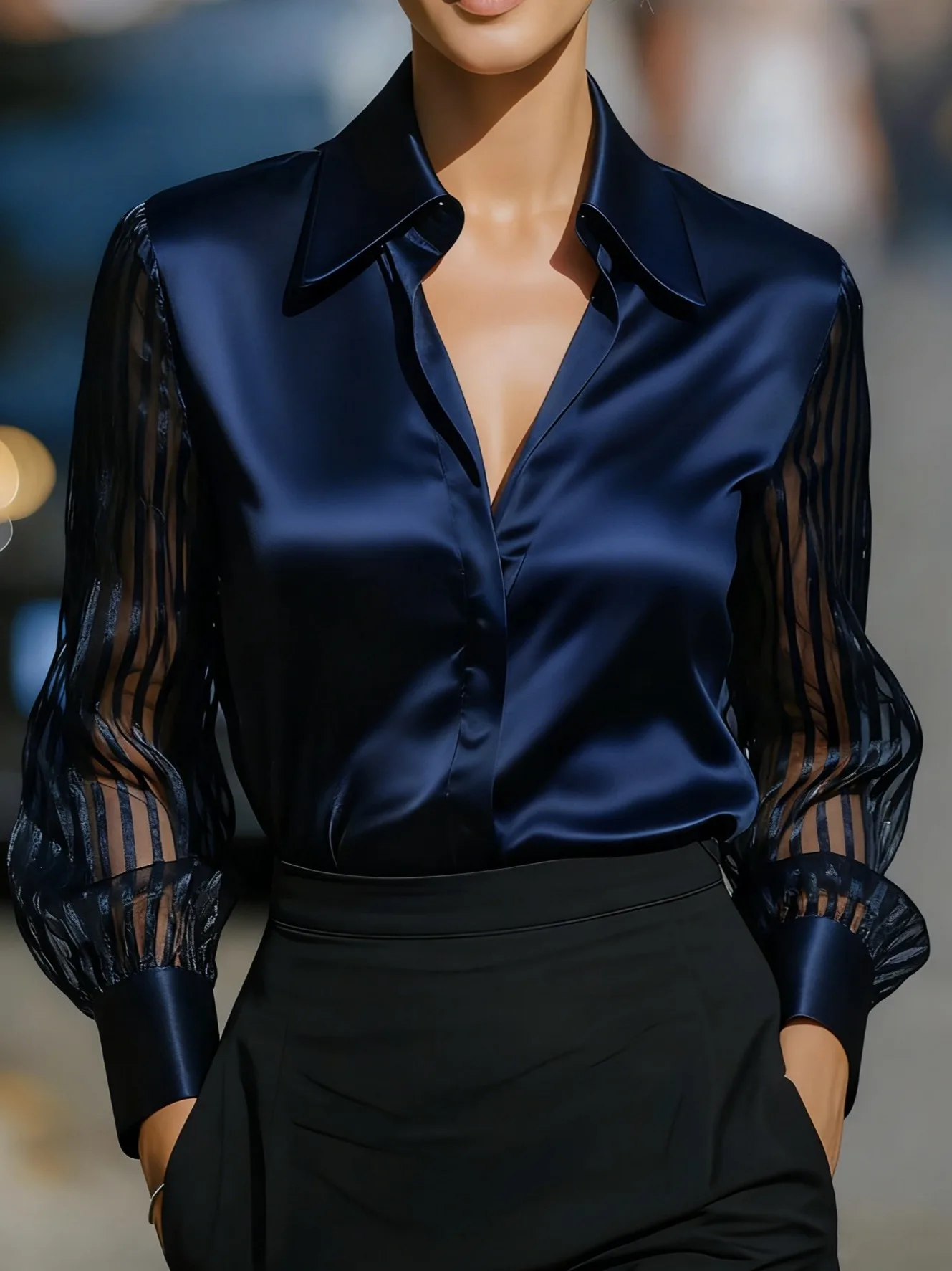 

Spring New Fashion OL Business Long Sleeve Shirt Pure Color Satin Lapel Commute Workwear Straight Cut Polyester Fiber