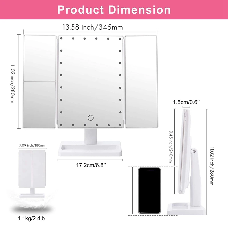 Specchio per il trucco a tre ante con 22 luci a LED, specchio cosmetico da tavolo illuminato pieghevole portatile con ingrandimento 10X/3X/2X