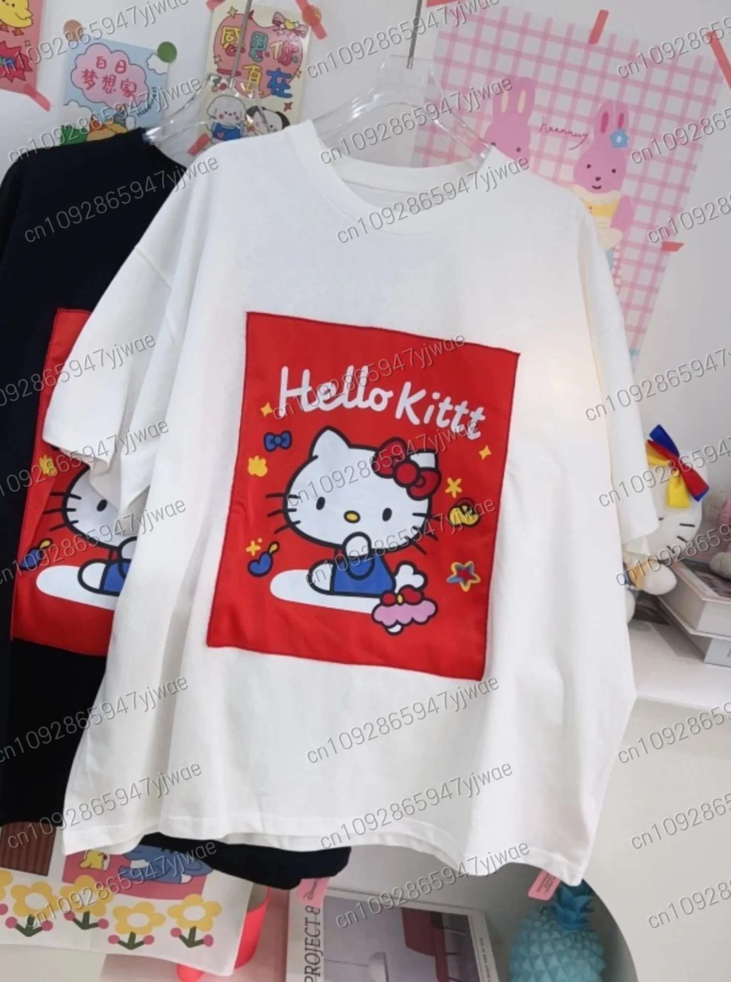 2025 Women Polyester Hello Kitty Graphic Academic Atmosphere Print T-Shirt Top Women Fashion Summer Y2k Couple Print T-Shirt