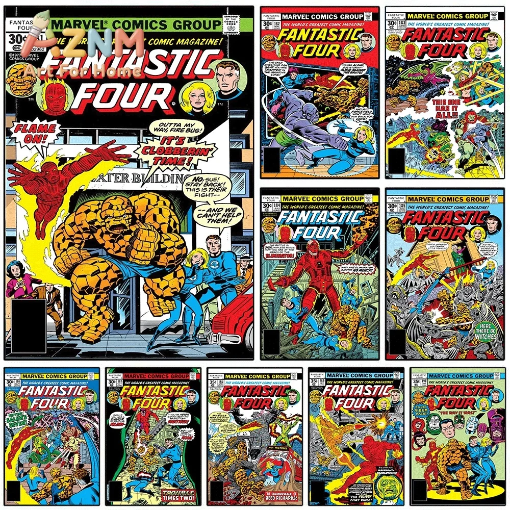 AZNM Fantastic Four It's Clobberin Time Vintage Comic Collage Canvas Wall Art Unframed Print, Superhero Poster for Bedroom Liv