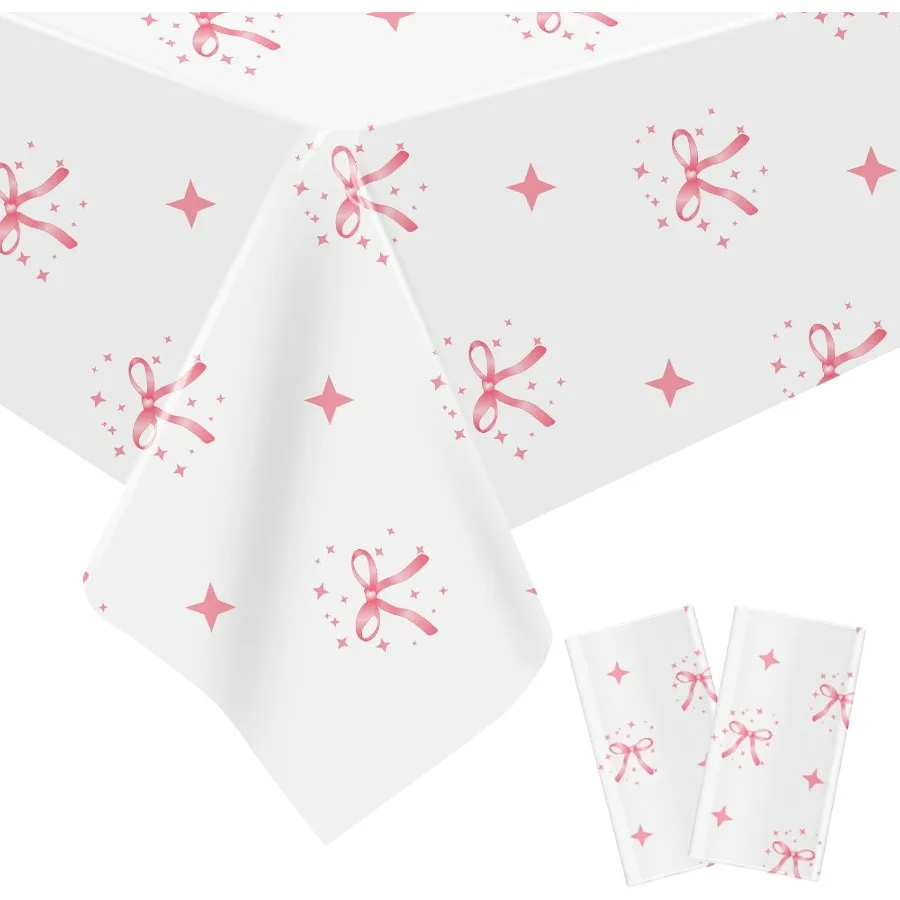 2 Pcs Pink Bow Table Cloths 54 x 108 Inches Waterproof Stain Resistant Perfect for Baby Showe Birthdays Weddings and More